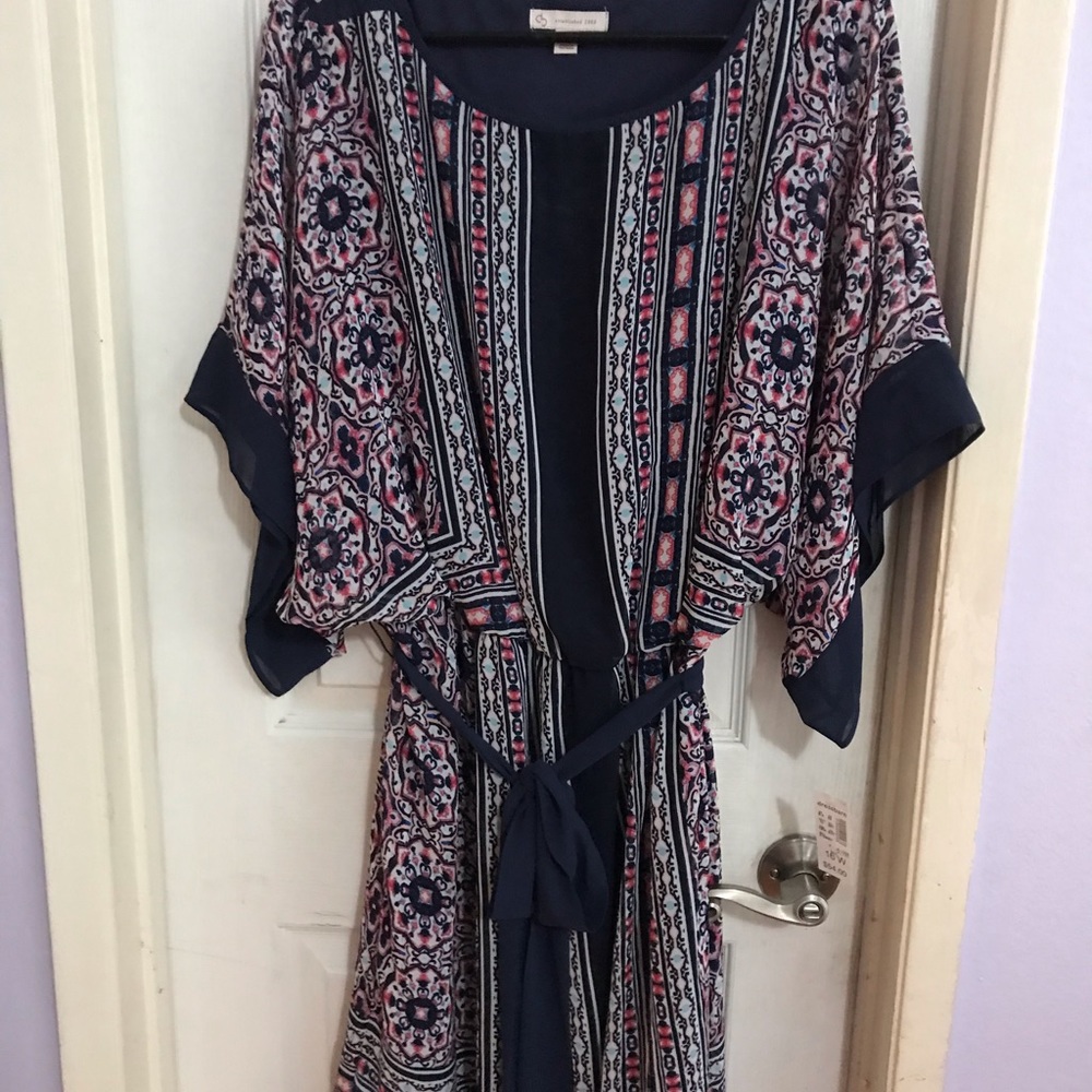 Established 1952 Navy multi print tie waist dress